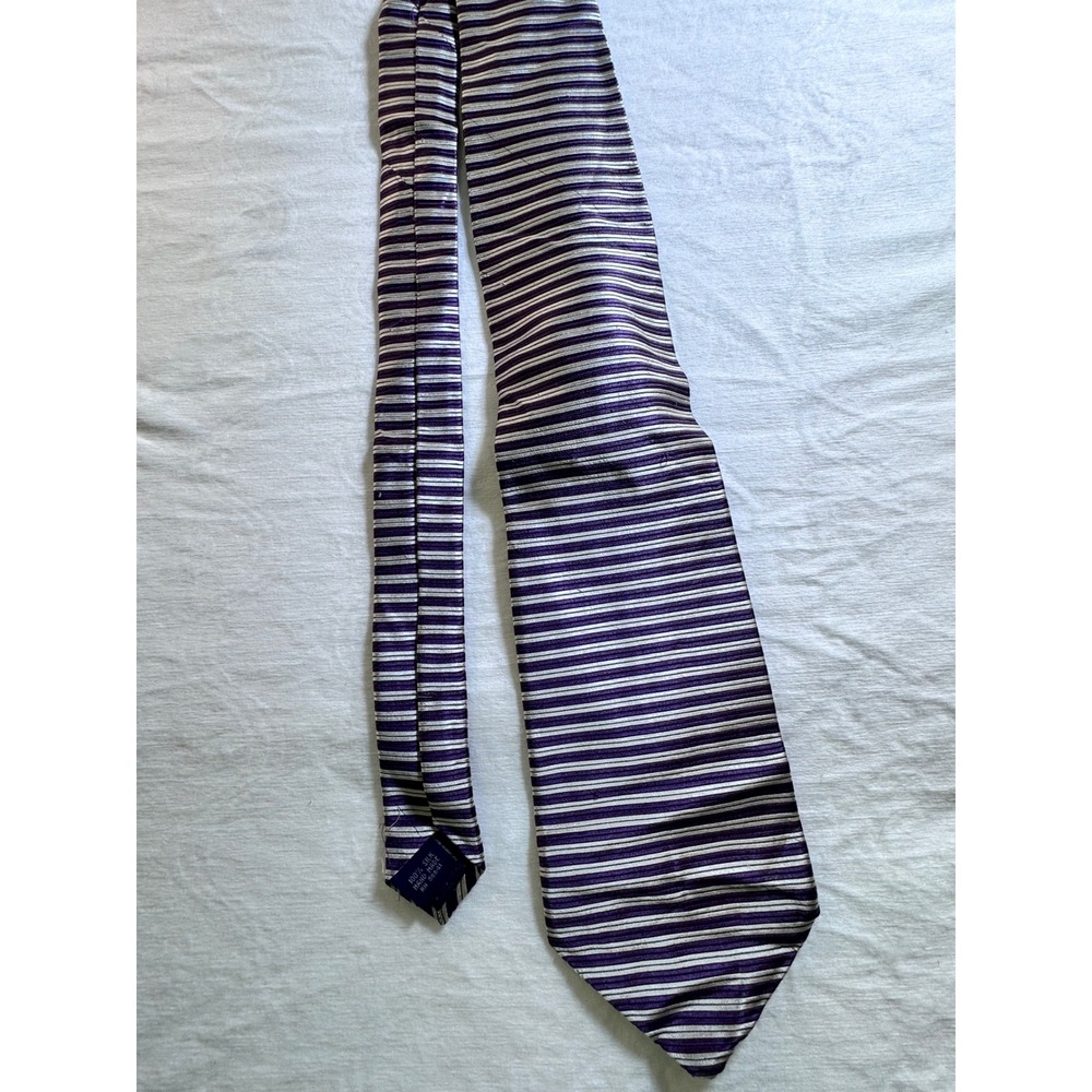 Meeting Street Mens Silk Tie‎ Purple Silver White Horizontal Striped Handmade